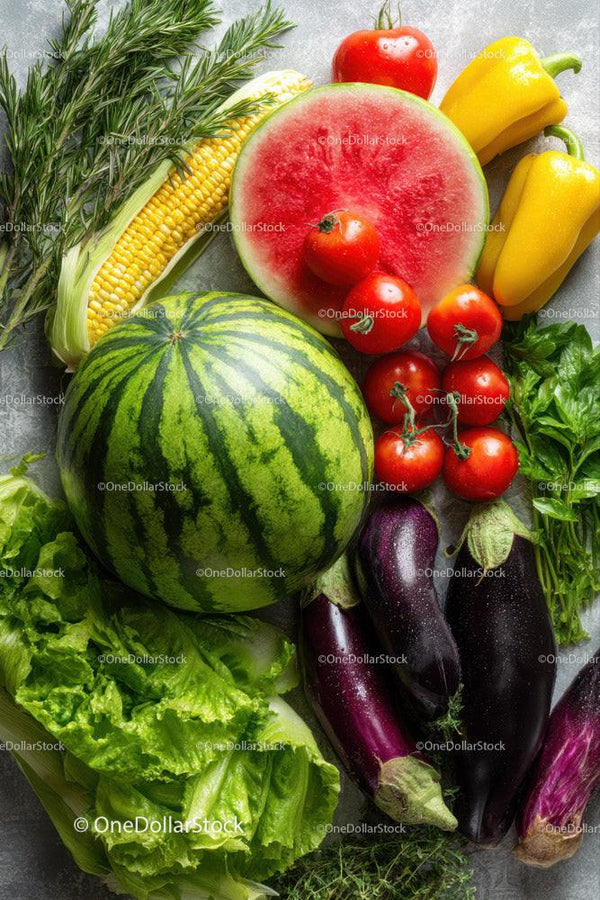 Fresh and Colorful Watermelon with Tomatoes Bell Peppers Eggplant and Lettuce