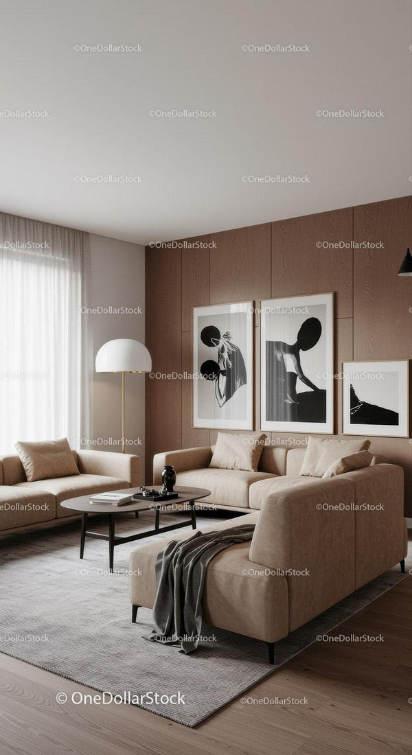 Contemporary living room with beige sofas and abstract art