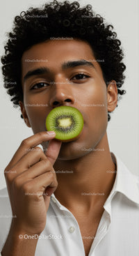 Young Man Holding Kiwi Slice with Natural Skin and Curly Hair