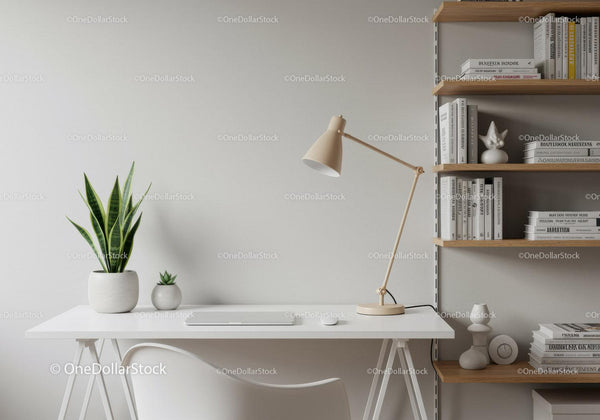 Nowoczesne minimalistyczne biuro domowe z wężownicą i drewnianymi półkami