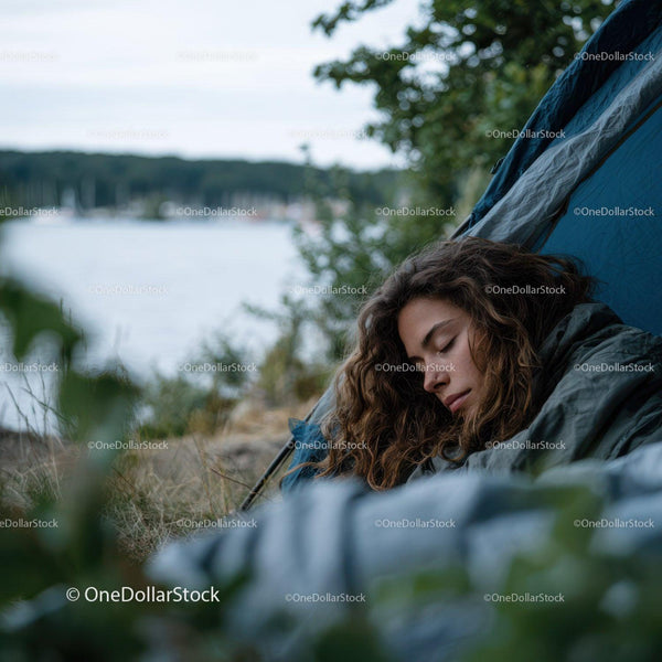 Peaceful Woman Sleeping in Camping Tent by Tranquil Lake