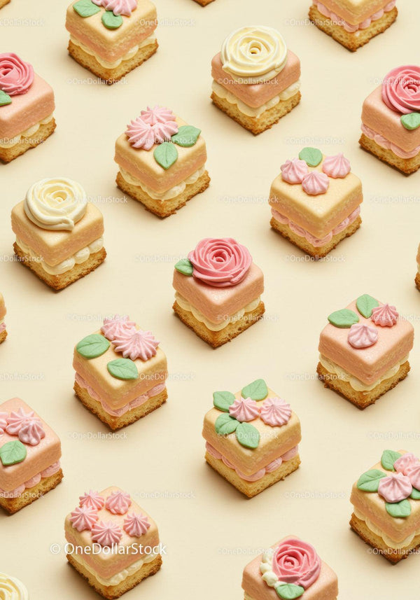 Assorted Miniature Floral Cakes on Pale Background