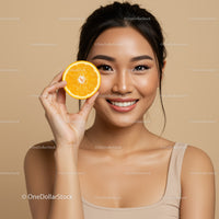 Young Woman Smiling and Holding Orange Slice Over Beige Background