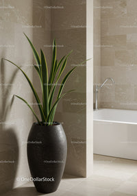 Modern Indoor Green Plant in Stylish Bathroom with Beige Tiles