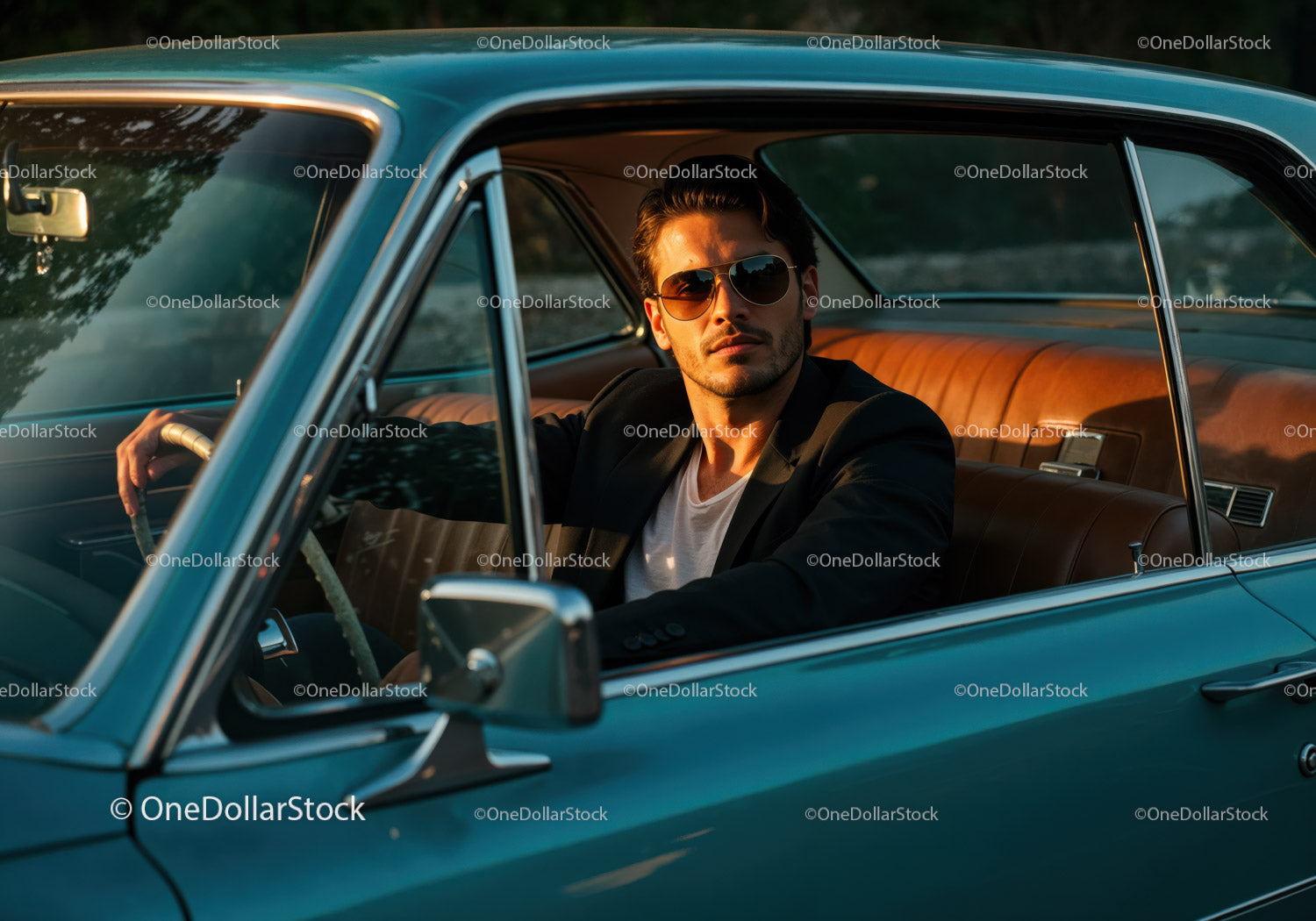Young Man in Sunglasses Driving Classic Vintage Car in Sunset Light