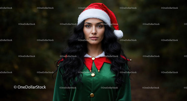 Woman in Festive Elf Costume and Santa Hat Outdoors