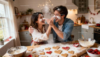 Couple Playfully Baking Heart Cookies Together