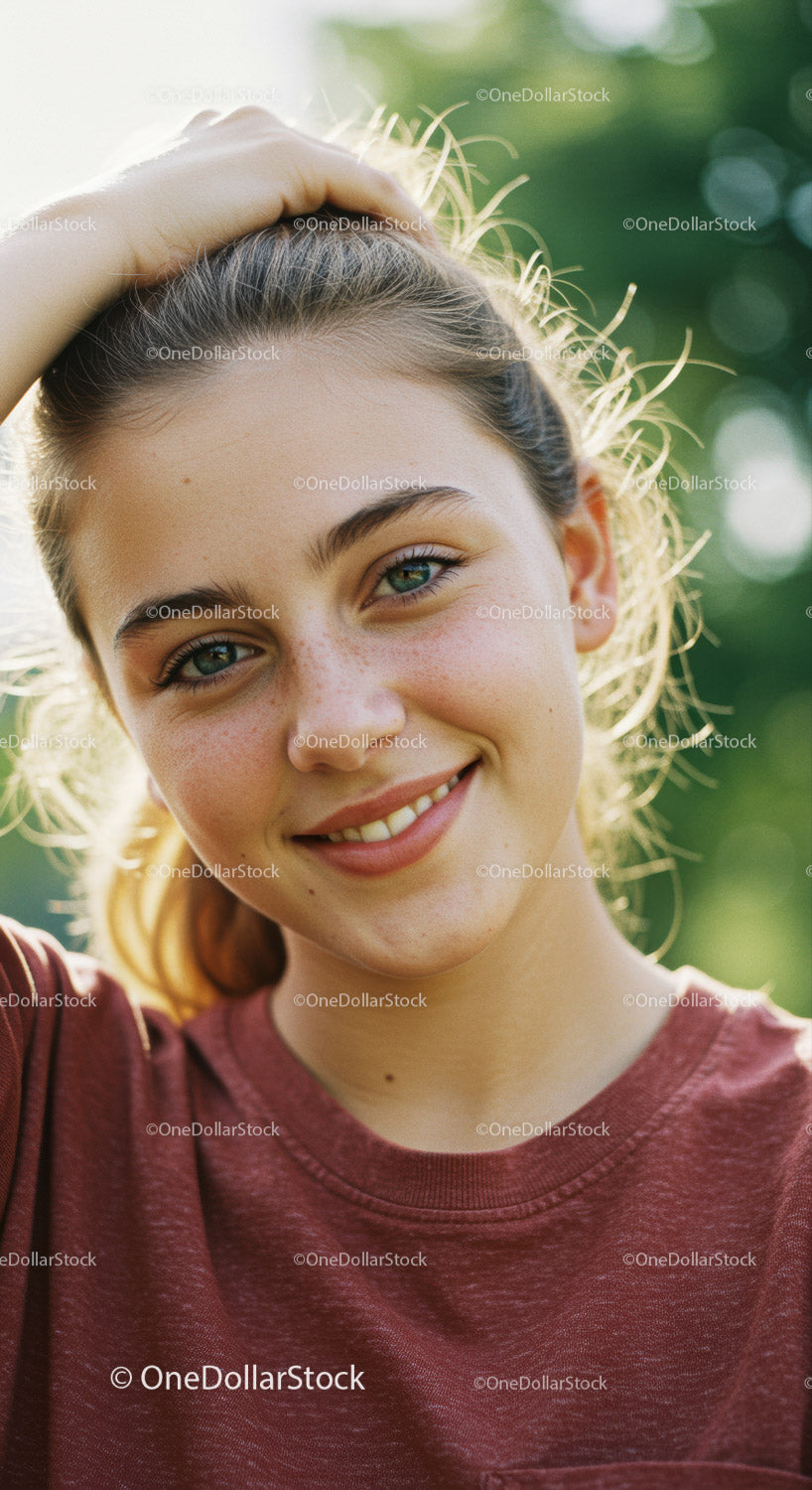 Młoda kobieta uśmiecha się na zewnątrz, portret w świetle słońca w naturze