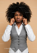 Frustrated Woman Covering Ears with Annoyed Expression