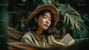 Young Woman Reading Book Amid Tropical Jungle Foliage