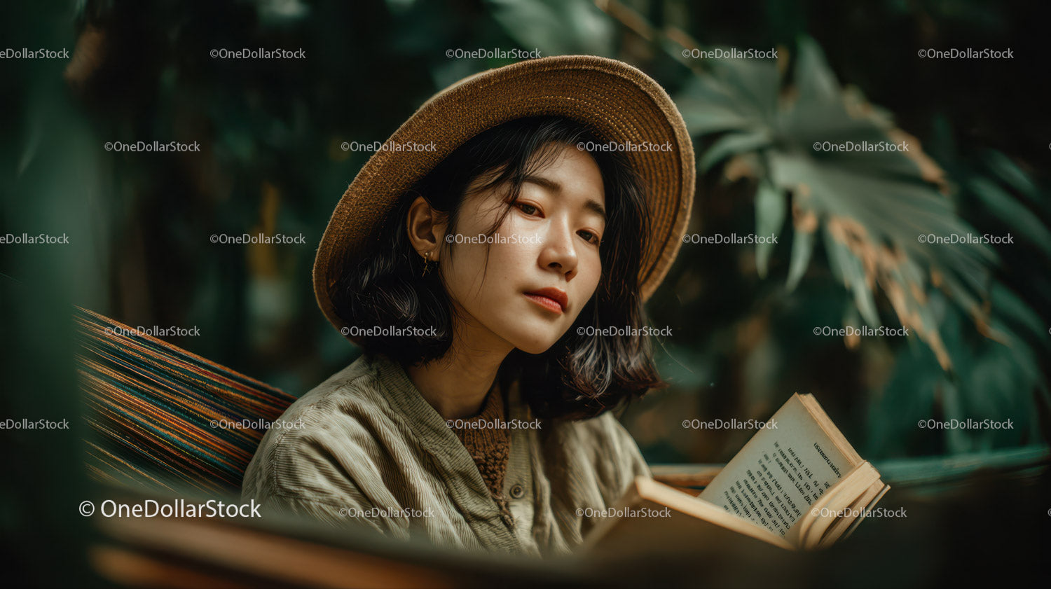 Young Woman Reading Book Amid Tropical Jungle Foliage