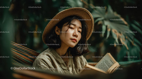 Young Woman Reading Book Amid Tropical Jungle Foliage