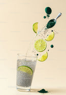Refreshing spirulina drink with lime slices and chia seeds