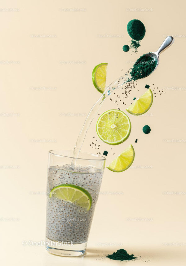 Orzeźwiający napój ze spiruliną z plasterkami limonki i nasionami chia