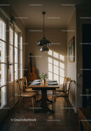 Cozy dining area with natural sunlight and musical decor