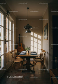 Cozy dining area with natural sunlight and musical decor