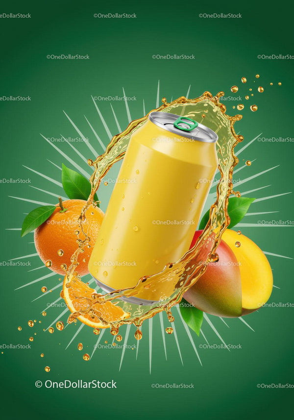 Refreshing Tropical Fruit Beverage with Splash and Can JPG Mockup Image