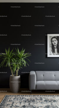 Modern Living Room with Green Potted Plant and Black Accent Wall