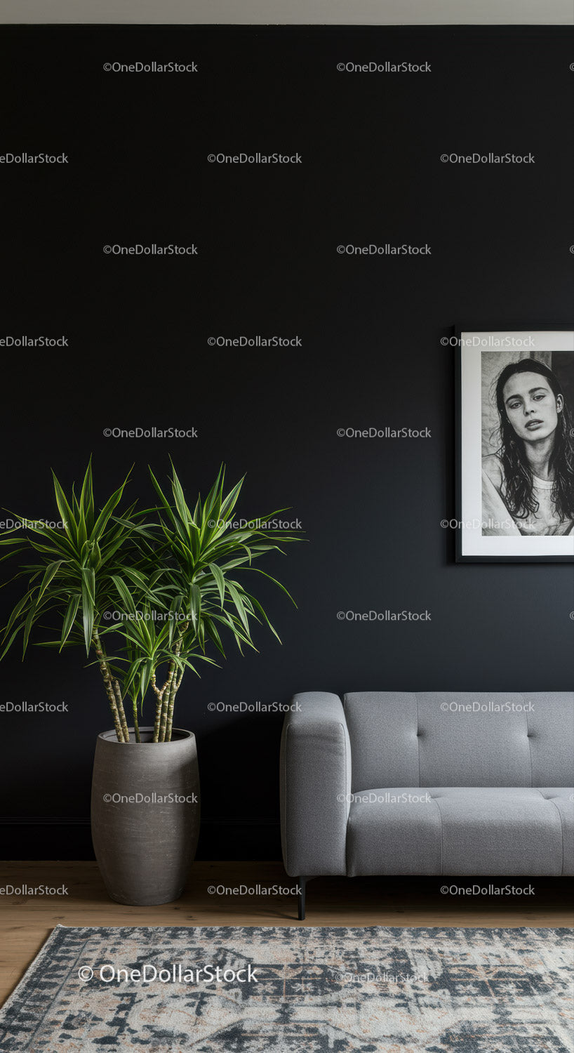 Nowoczesny salon z zieloną rośliną doniczkową i czarną ścianą akcentową