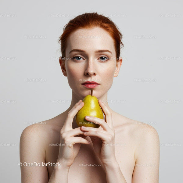 Woman with Red Hair Holding Pear in Minimalist Portrait