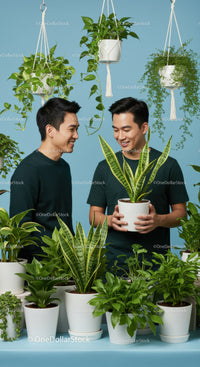 Two men enjoying vibrant houseplants in cozy indoor setting
