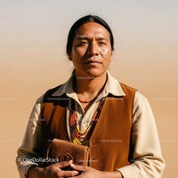 Portrait of an Indigenous Man Wearing Traditional Attire in Desert Landscape