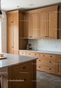 Modern Wooden Kitchen with White Subway Tile Backsplash and Granite Countertop