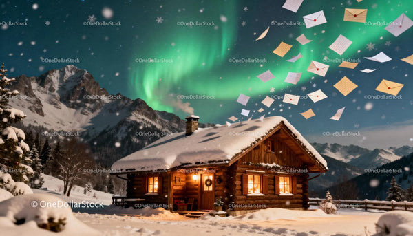 Cozy snowy cabin under northern lights with flying letters