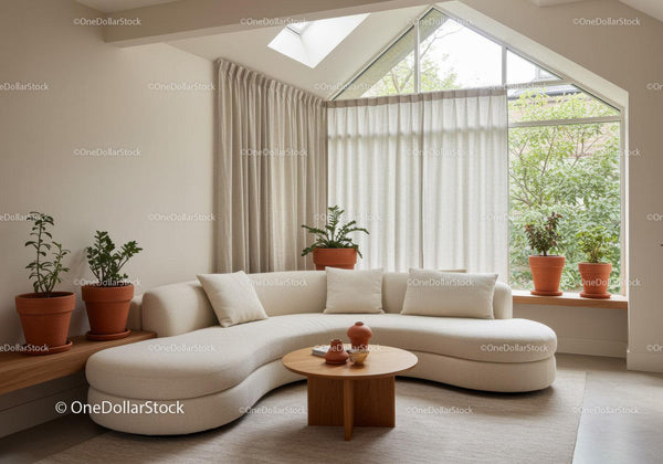 Modern curved sofa in bright cozy living room interior