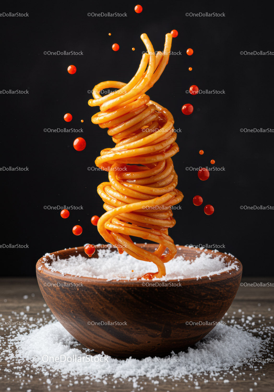 Wirujący spaghetti w drewnianej misce z kroplami czerwonego sosu