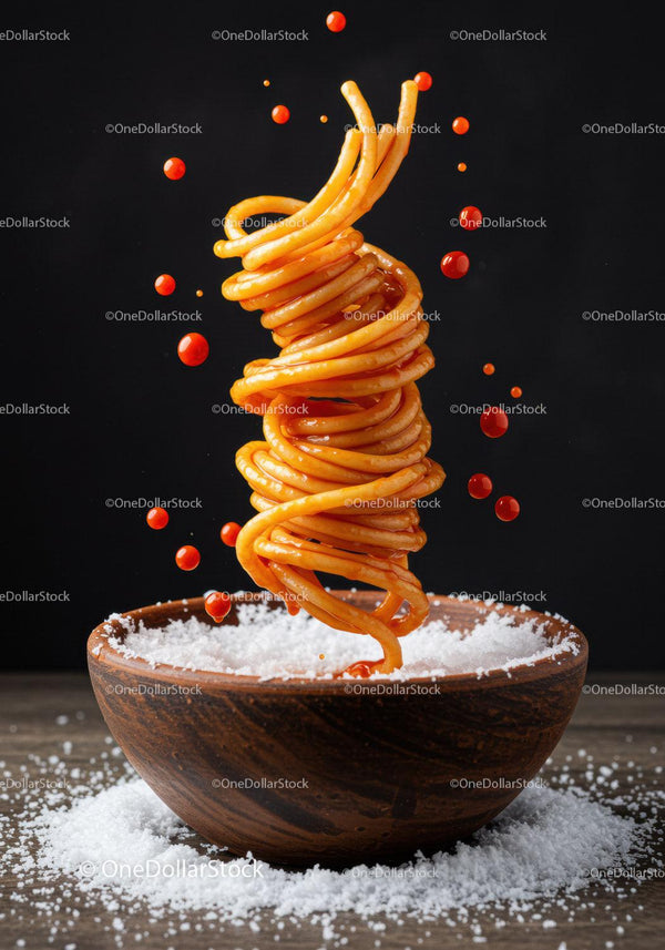 Wirujące Spaghetti w Drewnianej Misce z Kroplami Czerwonego Sosu