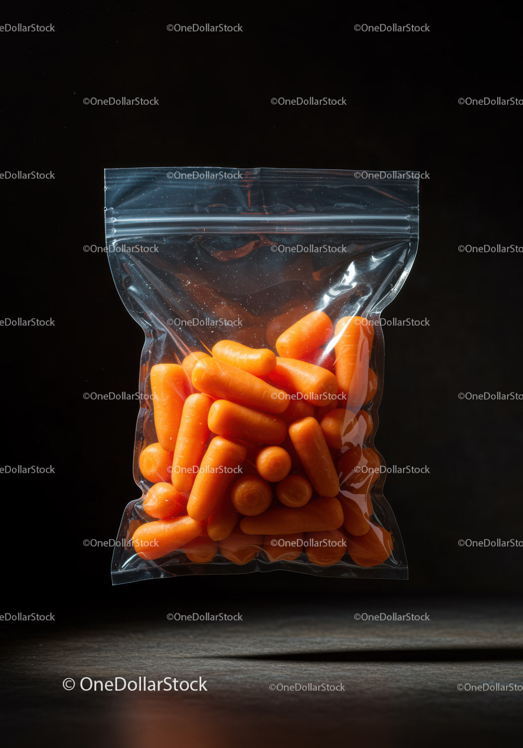 Fresh baby carrots in resealable plastic bag on dark background