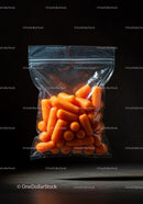 Fresh baby carrots in resealable plastic bag on dark background