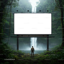Explorer Standing Before Blank Billboard Near Waterfall