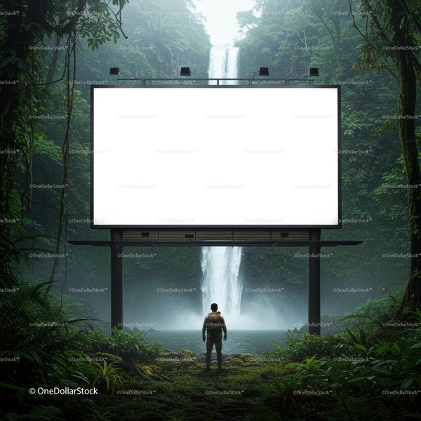 Explorer Standing Before Blank Billboard Near Waterfall JPG Mockup Image