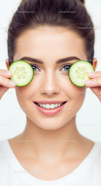 Bright Blue Eyed Woman Smiling While Holding Cucumber Slices