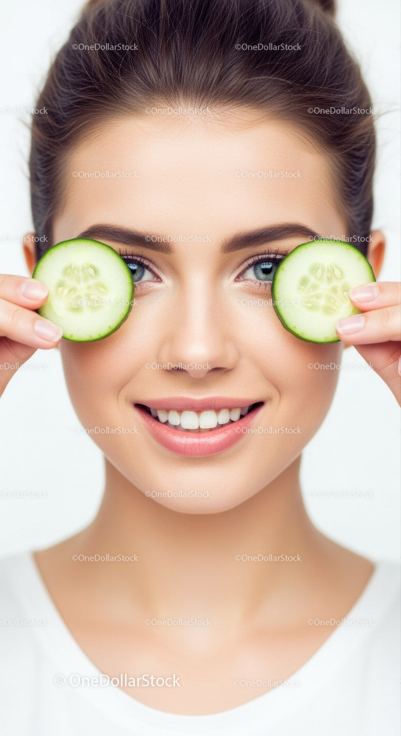 Bright Blue Eyed Woman Smiling While Holding Cucumber Slices