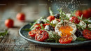 Bright Fresh Salad with Cherry Tomatoes and Poached Egg on Rustic Plate