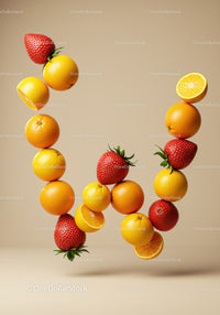 Letter W formed with fresh citrus and strawberries