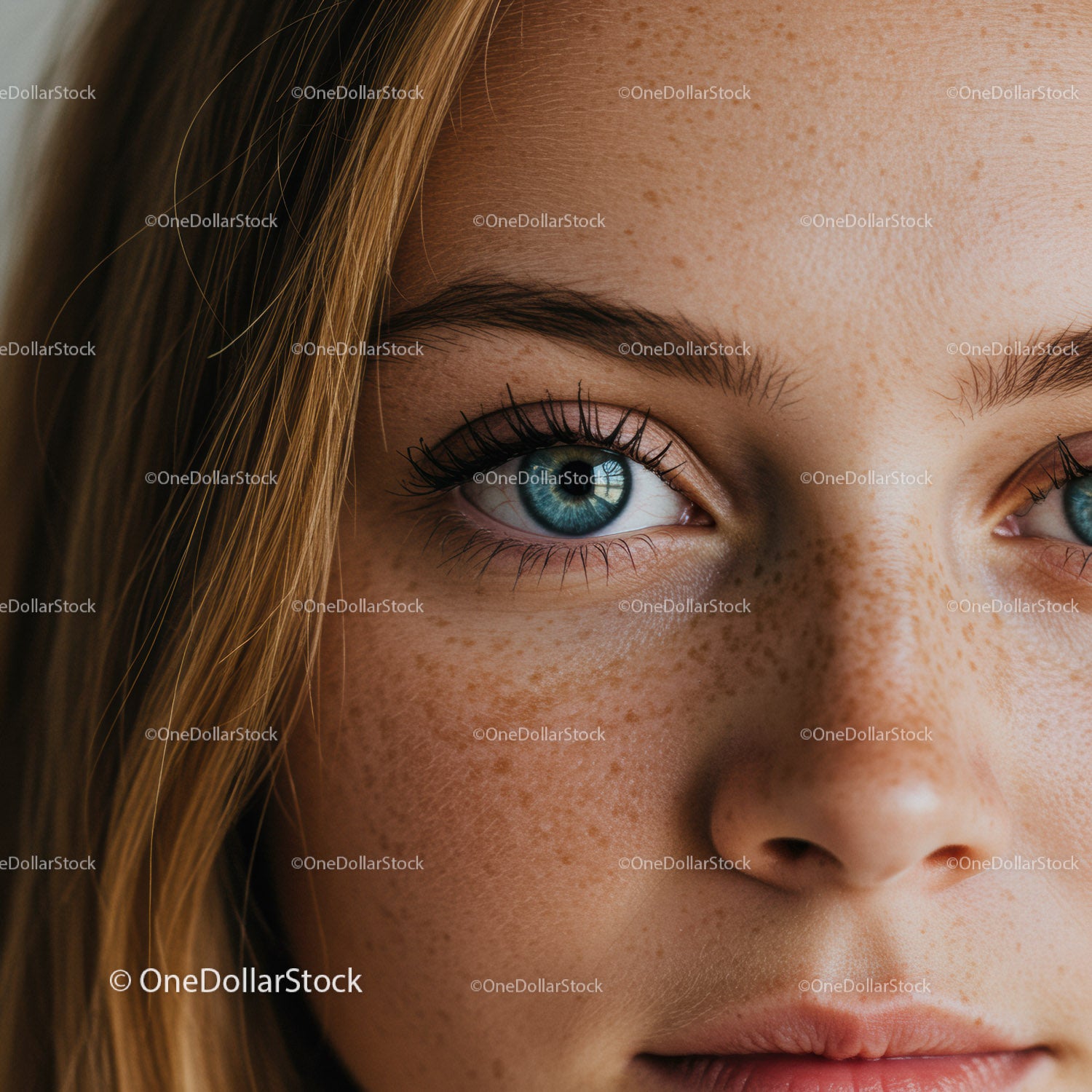 Close up of young woman with freckles and blue eyes