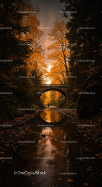 Autumn Forest with River and Stone Bridge Scene in Warm Orange Tones