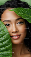 Portrait of a Woman with Tropical Leaves and Water Droplets
