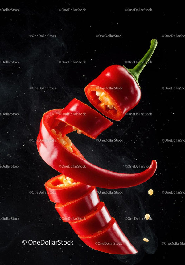 Spiraled sliced red chili pepper on black background