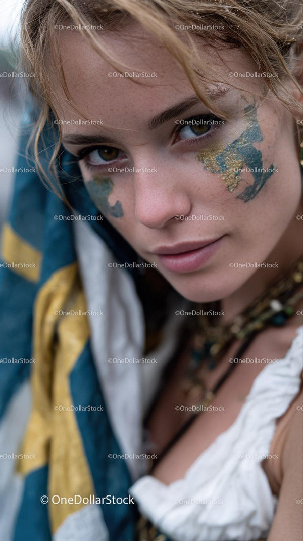 Close-up Portrait of a Girl with Artistic Face Paint and Freckles