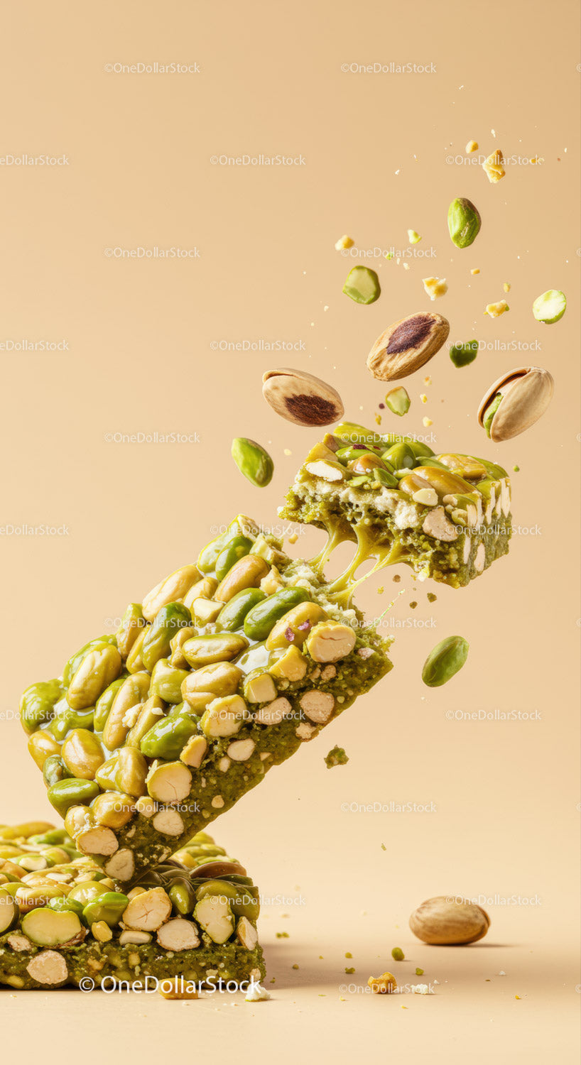 Healthy Pistachio Nut Snack Bar Breaking Apart