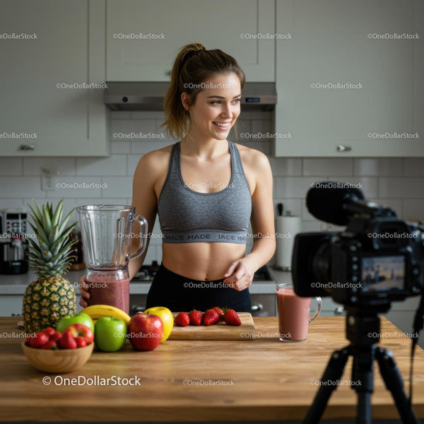 Młoda Kobieta Przygotowująca Zdrowe Smoothie w Nowoczesnej Kuchni