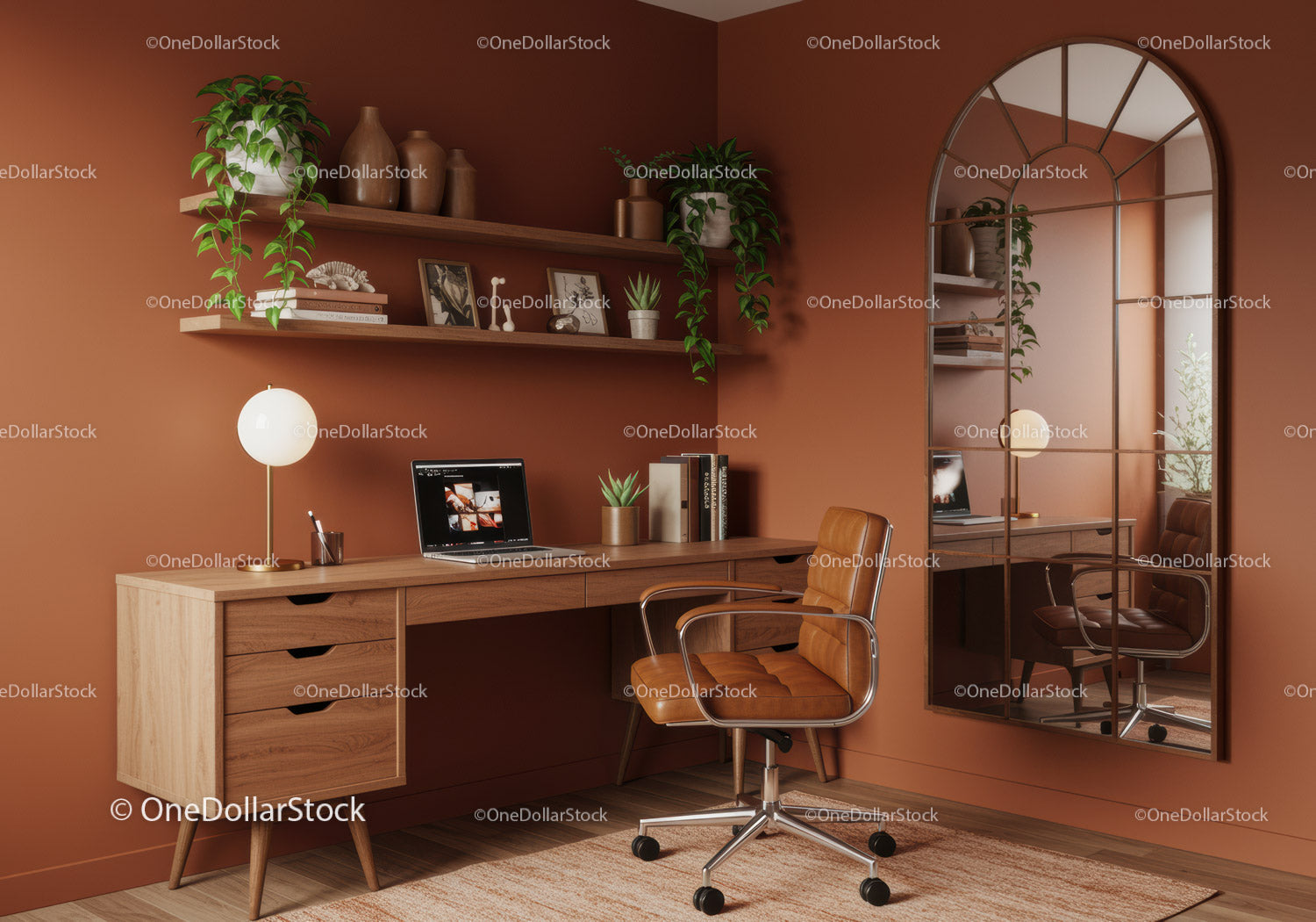 Cozy home office workspace with warm earthy tones