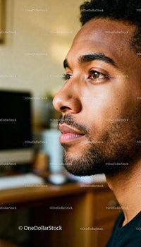 Thoughtful young man gazing in warm indoor light
