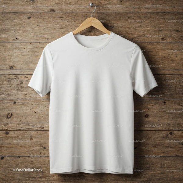 Plain white t shirt hanging on wooden wall background JPG Mockup Image