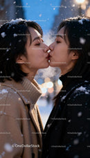 Winter Kiss Between Two Women in Snowy Evening